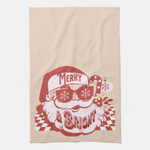 Retro Santa Merry Bright Christmas Pink Red   Tea Towel