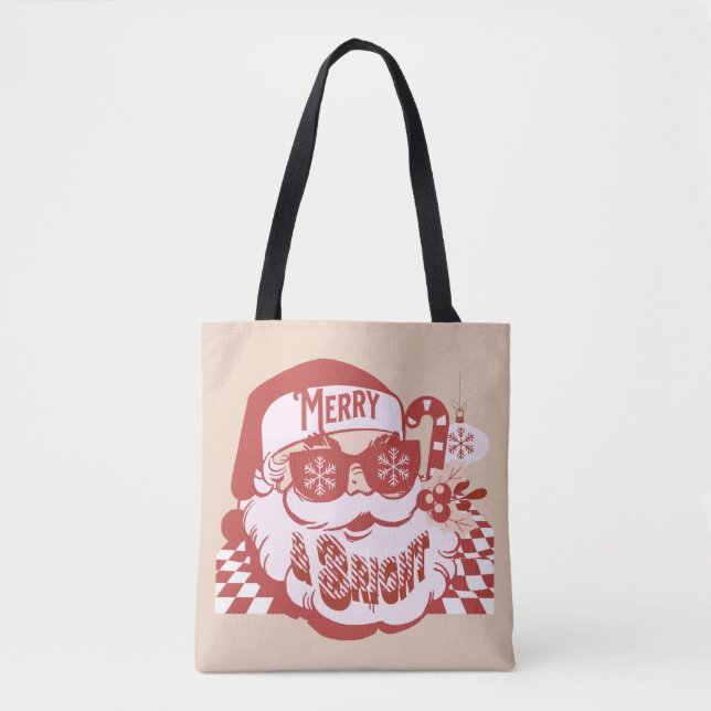 Retro Santa Merry Bright Christmas Pink Red       Tote Bag (Front)