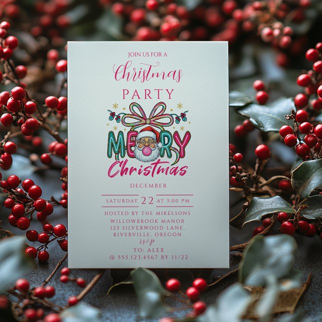 Retro Santa Merry Christmas Coquette Bow Invitation (Creator Uploaded)