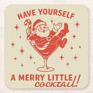 Retro Santa Merry Little Cocktail Paper Coaster