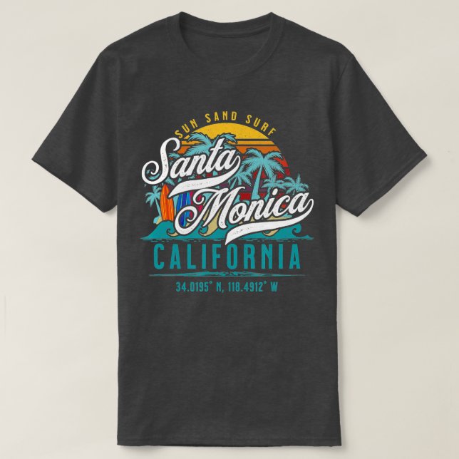 Retro Santa Monica California Sun Sand Surf Beach  T-Shirt (Design Front)