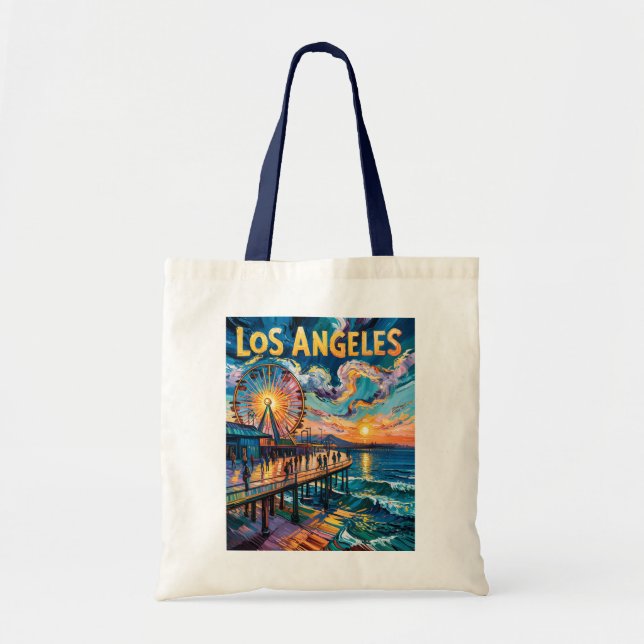 Retro Santa Monica Pier Los Angeles Van Gogh Art Tote Bag (Front)