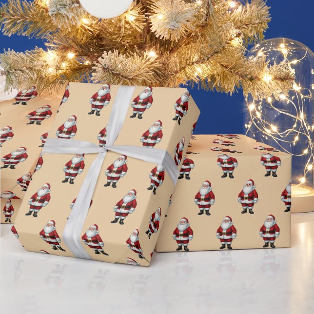 Retro Santa on Light Apricot Christmas Pattern Wrapping Paper (Holidays)