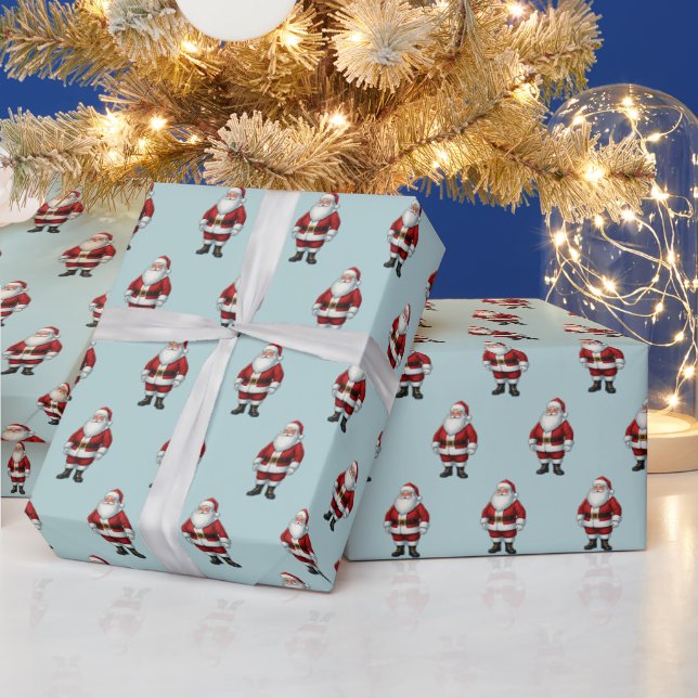 Retro Santa on Powder Blue Christmas Pattern Wrapping Paper (Holidays)