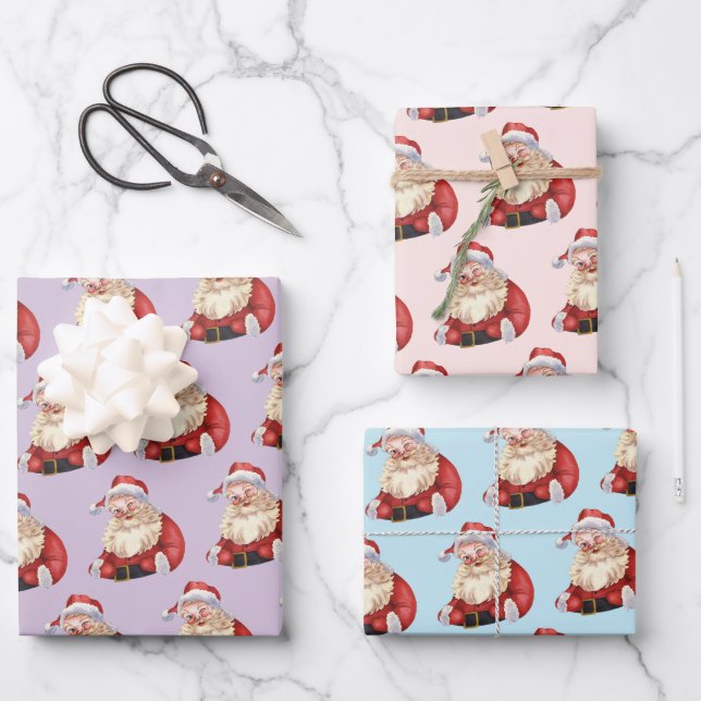 Retro Santa Pastel Purple Christmas Wrapping Paper (Front)