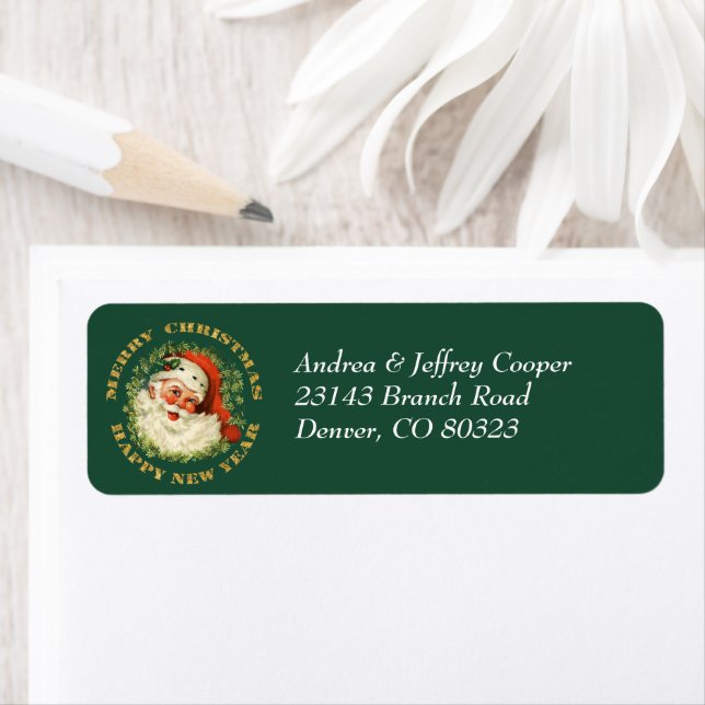 Retro Santa Pine Wreath Return Address (Insitu)