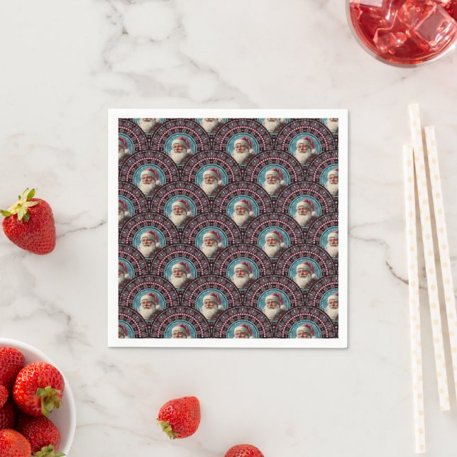 Retro Santa Pinkmas Mandala Art Deco Scallop Napkin (Insitu)
