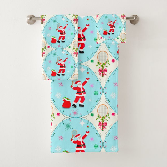 Retro Santa Playing Tennis Ogee Pattern Bath Towel Set (Insitu)