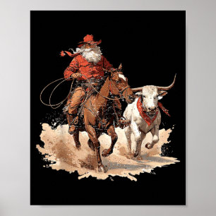 Retro Santa Rodeo Reindeer Cowboy Western Horse Hi Poster