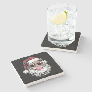 Retro Santa With Glasses Blowing Bubble Christmas Stone Coaster