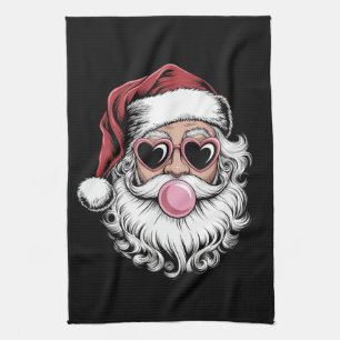Retro Santa With Glasses Blowing Bubble Christmas Tea Towel