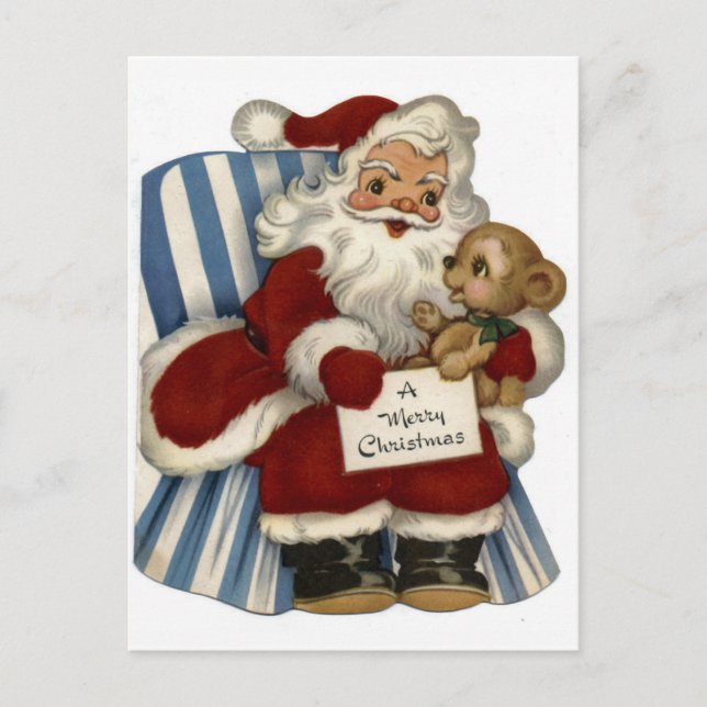 "Retro Santa with Teddy Bear" Christmas Holiday Postcard (Front)