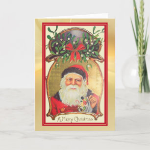 Retro Santa with Toys Gold Green Border Holiday Card