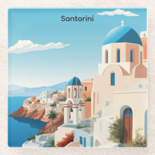 Retro Santorini Greece Mediterranean Blue & White  Glass Coaster
