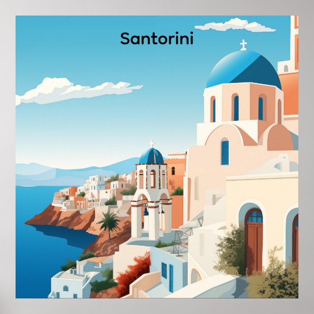 Retro Santorini Greece Mediterranean Blue & White  Poster (Front)