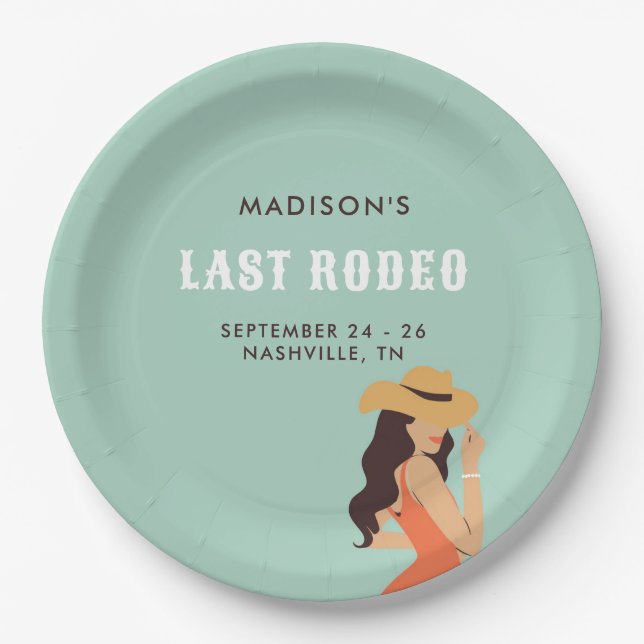 Retro Sassy Last Rodeo Pink Green Bachelorette Paper Plate (Front)
