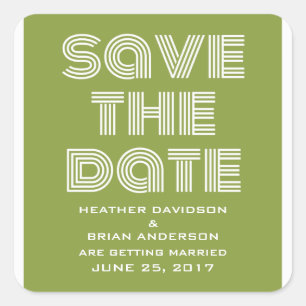 Retro Save the Date Stickers, Olive Green Square Sticker