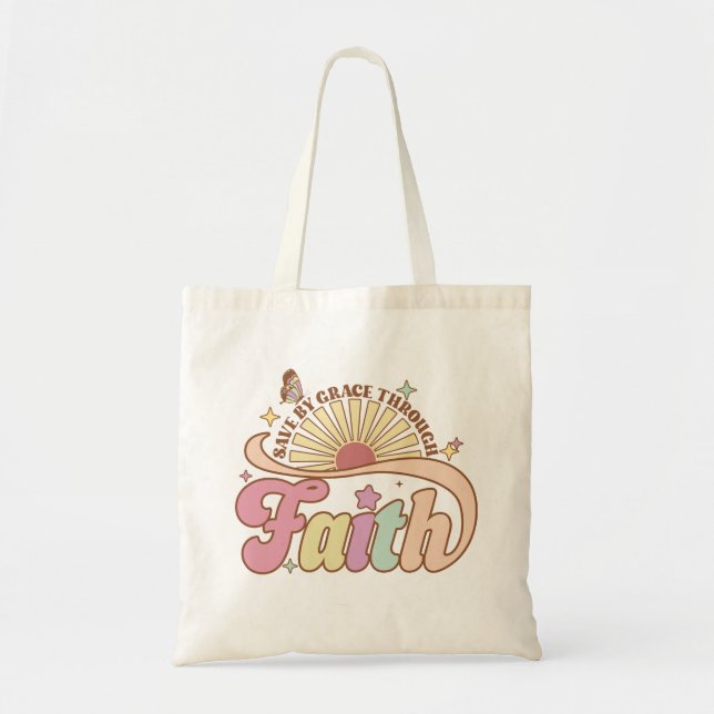 Retro Saved by Grace Religious Tote Bag (Front)