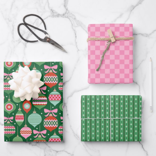 Retro Scandi Christmas Ornaments - Green Red Pink Wrapping Paper Sheet (Front)