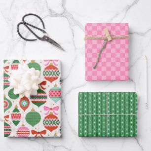 Retro Scandi Christmas Ornaments - Green Red White Wrapping Paper Sheet