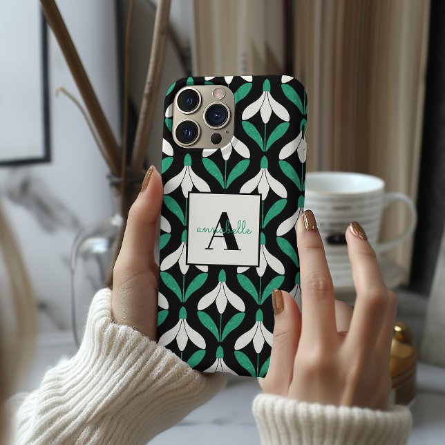 Retro Scandi Mid Century Modern Snowdrop pattern Case-Mate iPhone Case (Personalized monogram and name phone case with modern green black snowdrop design)