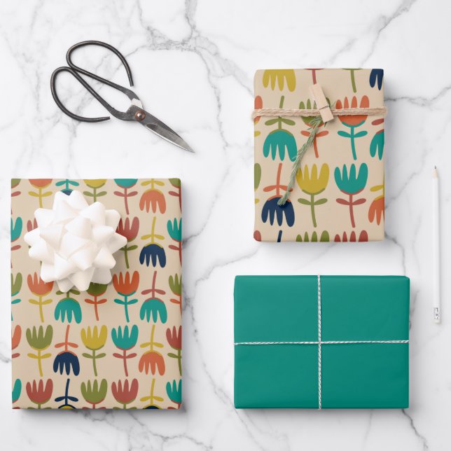 Retro Scandi Tulips in Midcentury Modern Colours Wrapping Paper Sheet (Front)