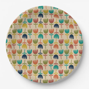 Retro Scandi Tulips Midcentury Floral Pattern Paper Plate