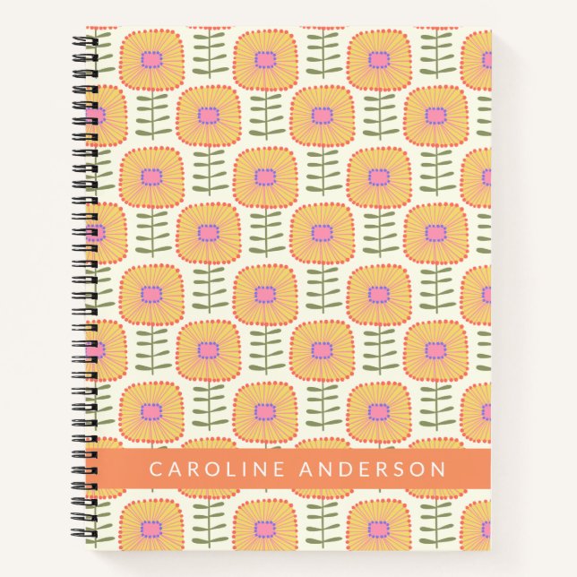 Retro Scandi Yellow Flower Pattern Personalised  Notebook (Front)