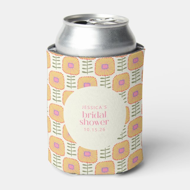Retro Scandi Yellow Orange Flower Bridal Shower  Can Cooler (Can Front)