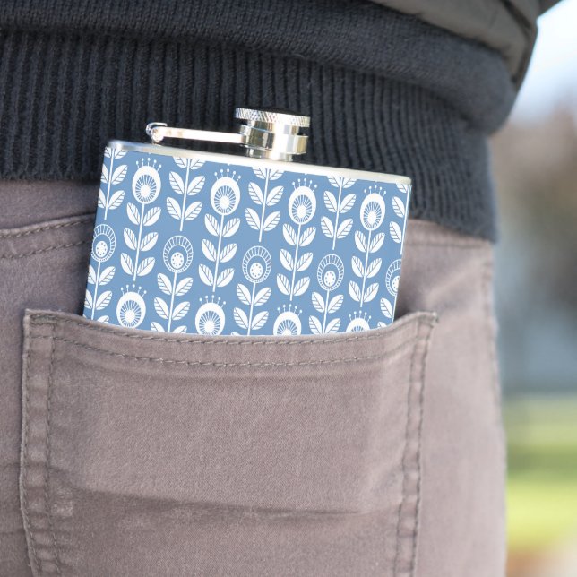Retro Scandinavian Blue Pattern Hip Flask (In Situ)