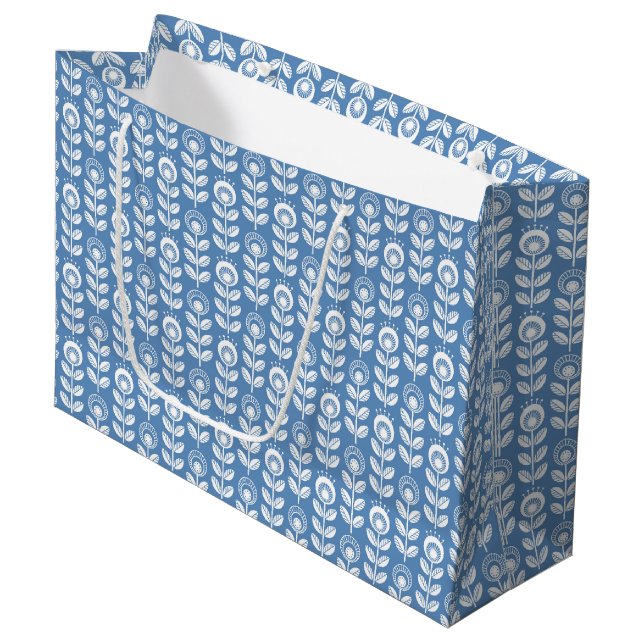 Retro Scandinavian Blue Pattern Large Gift Bag (Front Angled)