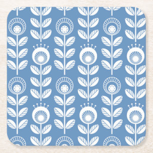 Retro Scandinavian Blue Pattern Square Paper Coaster