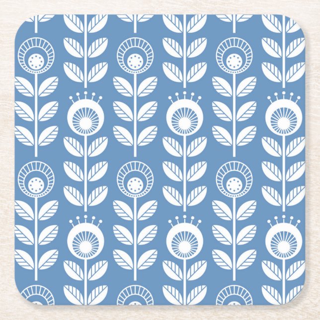 Retro Scandinavian Blue Pattern Square Paper Coaster (Front)