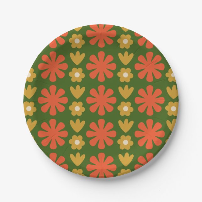 Retro Scandinavian Floral Christmas Pattern Paper Plate (Front)