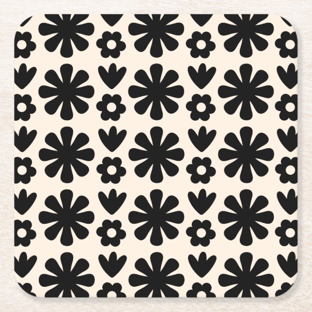 Retro Scandinavian Floral Pattern Black & Cream Square Paper Coaster (Front)