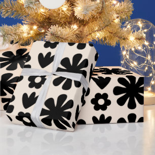 Retro Scandinavian Floral Pattern Black & Cream Wrapping Paper