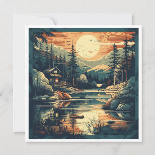Retro Scandinavian Mountain Cabin Holiday Card