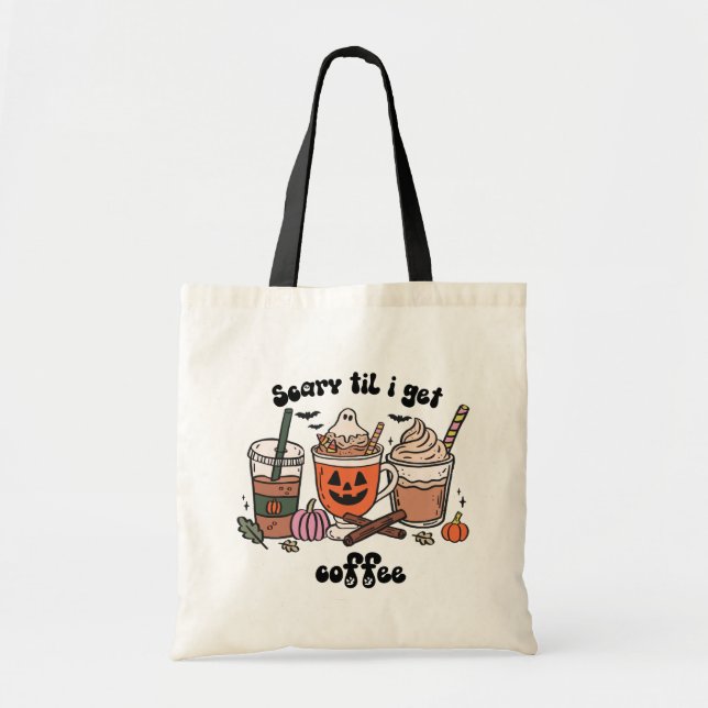 Retro Scary Til I Get Coffee Halloween Tote Bag (Front)