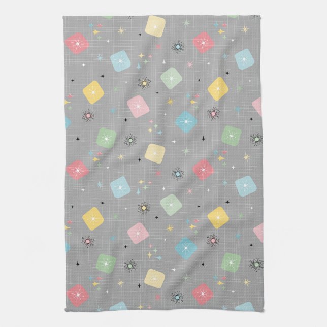 Retro Scattered Atomic Star Explosions Pattern Tea Towel (Vertical)