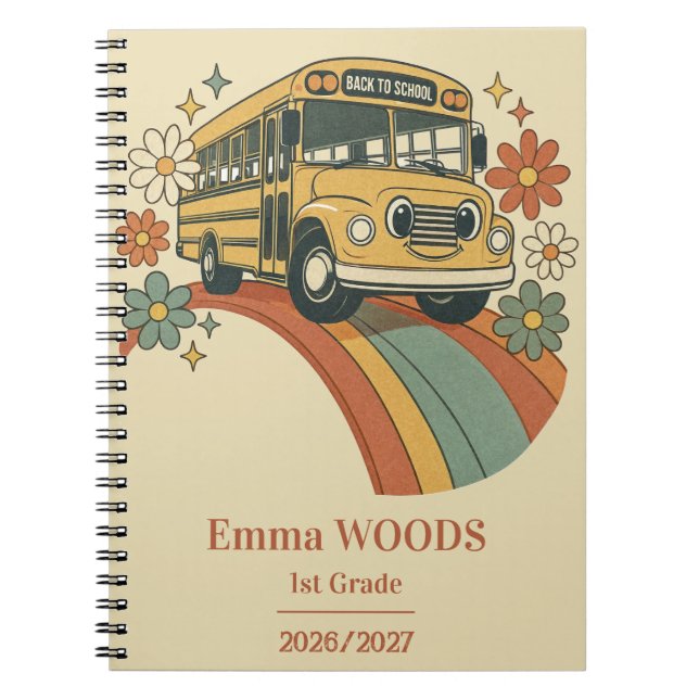 Retro School Bus Rainbow Back to School 1st grade Notebook (Front)