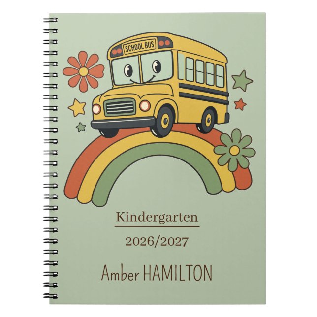 Retro School Bus Rainbow Back to School Name Notebook (Front)