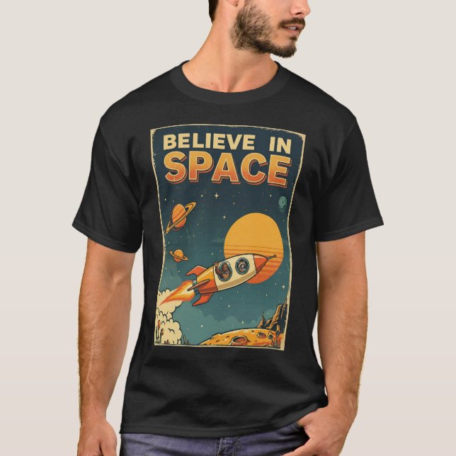 Retro Sci-Fi Bigfoot Raccoon Believe In Space T-Shirt (Front)