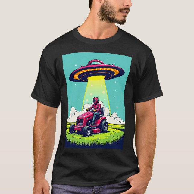Retro Sci Fi Cartoon Rocket Ship and Lawnmower T-Shirt (Front)