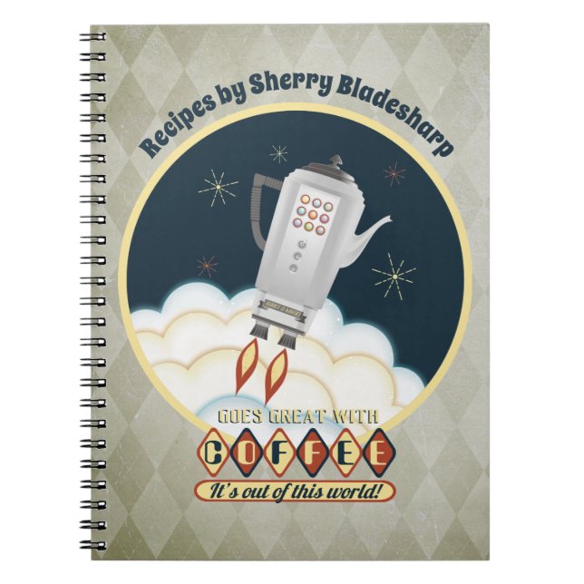 Retro sci-fi coffee pot rocket recipe notebook (Front)