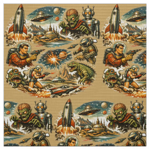 Retro Sci-Fi Comic Book Art Vignettes Pattern Fabric