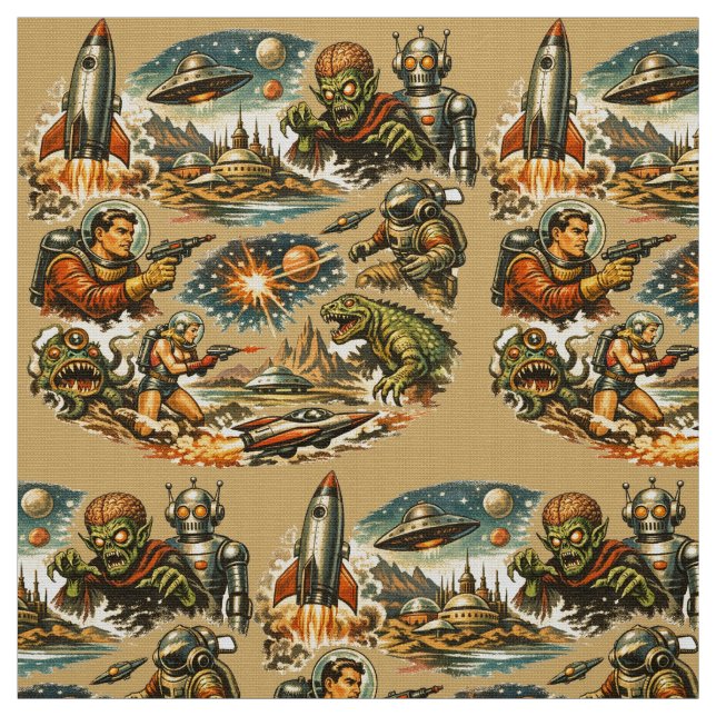Retro Sci-Fi Comic Book Art Vignettes Pattern Fabric (Swatch)