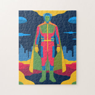 Retro Sci-Fi Hero Over Cityscape Jigsaw Puzzle
