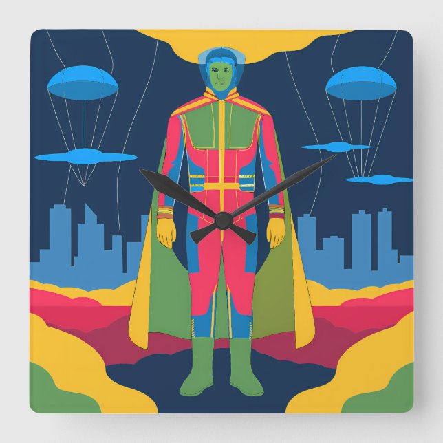 Retro Sci-Fi Hero Over Cityscape Square Wall Clock (Front)