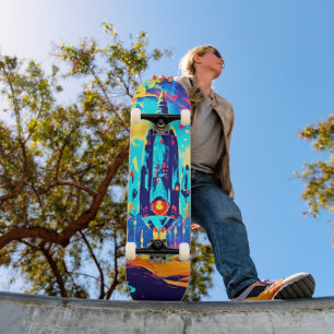 Retro Sci Fi Space Rocket Colourful Skateboard Dec