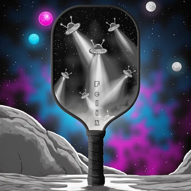 Retro Sci-Fi UFO Invasion Personalised  Pickleball Paddle (Retro UFO pickleball paddle with glowing saucers and name.)